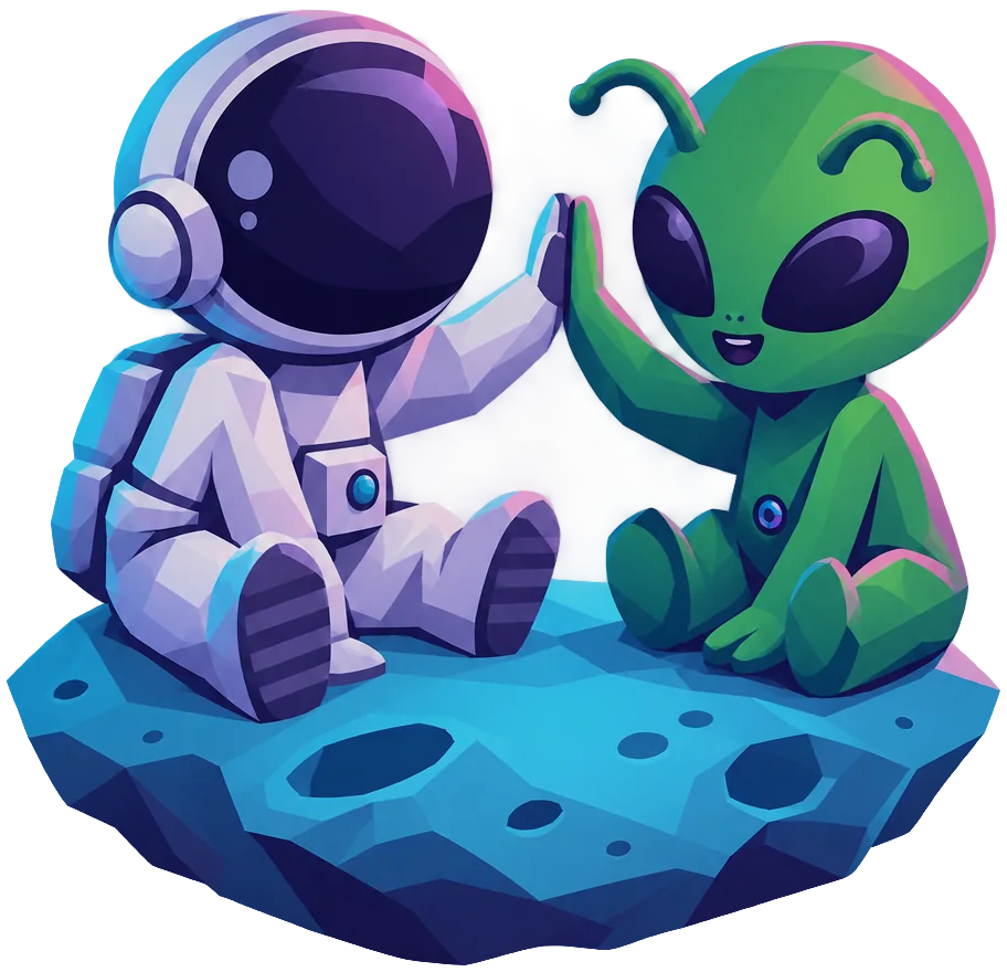 An astronaut and a friendly alien sharing a high five on a small moon rock