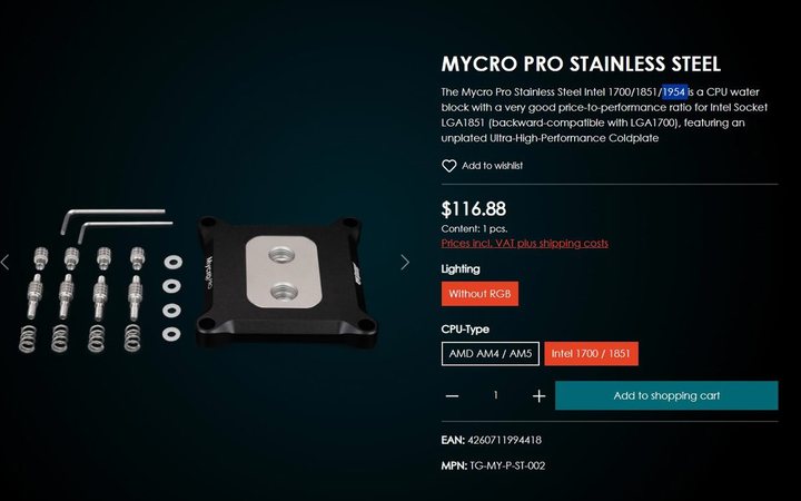 Photograph published with: Thermal Grizzly Launches Mycro Pro Stainless Steel Water Blocks With LGA1954 Support for Nova Lake-S CPUs